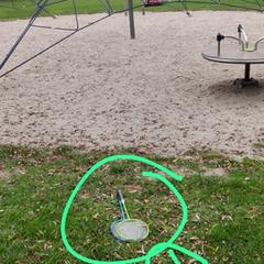 Blue and green bandmitton racket, come riportato a iLost