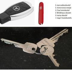 Sleutelbos met autosleutel, 5 huissleutels, mini-zakmesje en een blikopener van rvs.