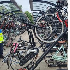 Bicicletta Mojo zwarte damesfiets met roze kettingslot, come riportato da Gemeente Barneveld utilizzando iLost