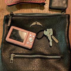 Black bag with pink camera, wallet and keys, as reported to iLost