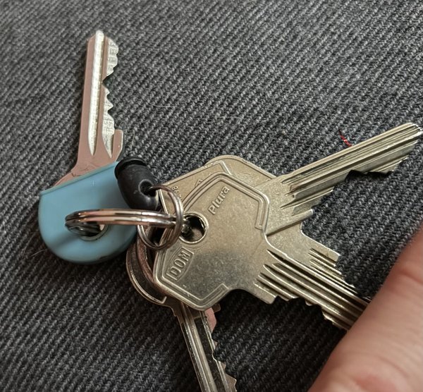 Keys 5 zilverkleurige sleutels, 1 met blauw rubber kapje. En 1 zwart pinnetje
